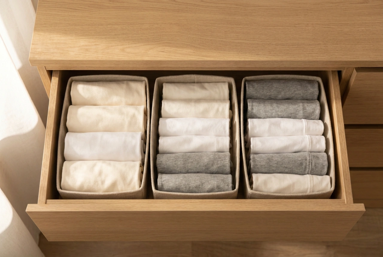 Como usar organizadores de gavetas para manter as roupas dobradas