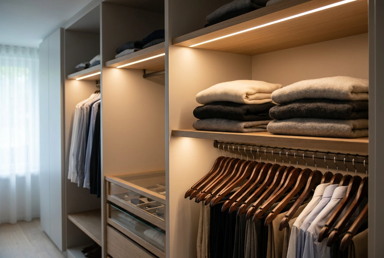 Iluminação de armário com sensor de movimento para organizar o closet