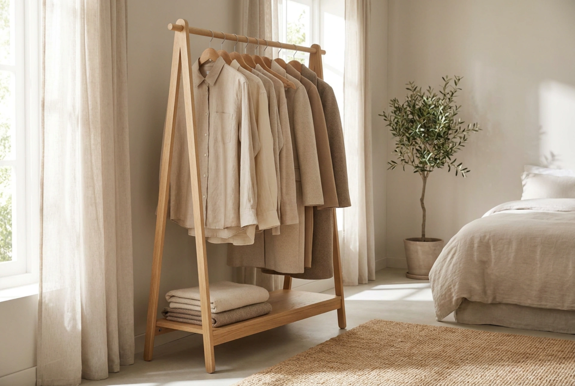 Cabides de pé e charriots como zona de closet adicional
