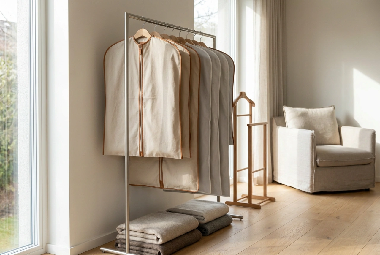 Suporte de roupa com capa para proteção de vestuário sazonal