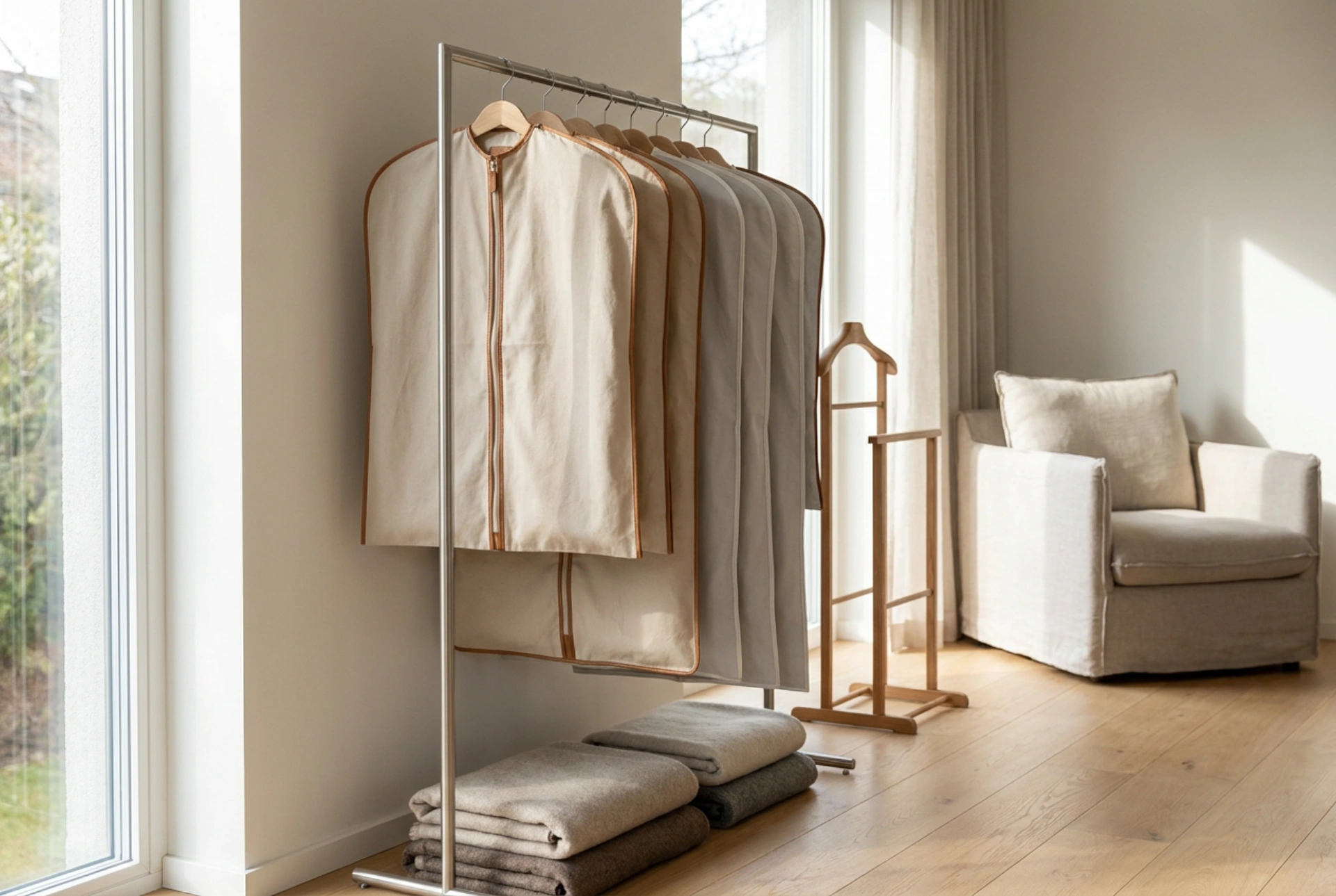 Suporte de roupa com capa para proteção de vestuário sazonal