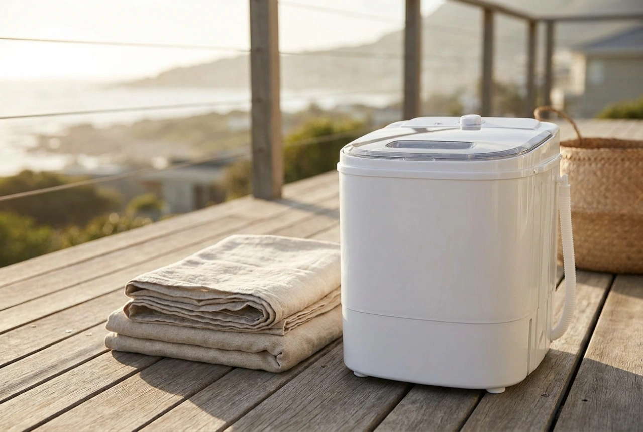 Máquina de lavar portátil com centrifugadora em viagens e casas de campo