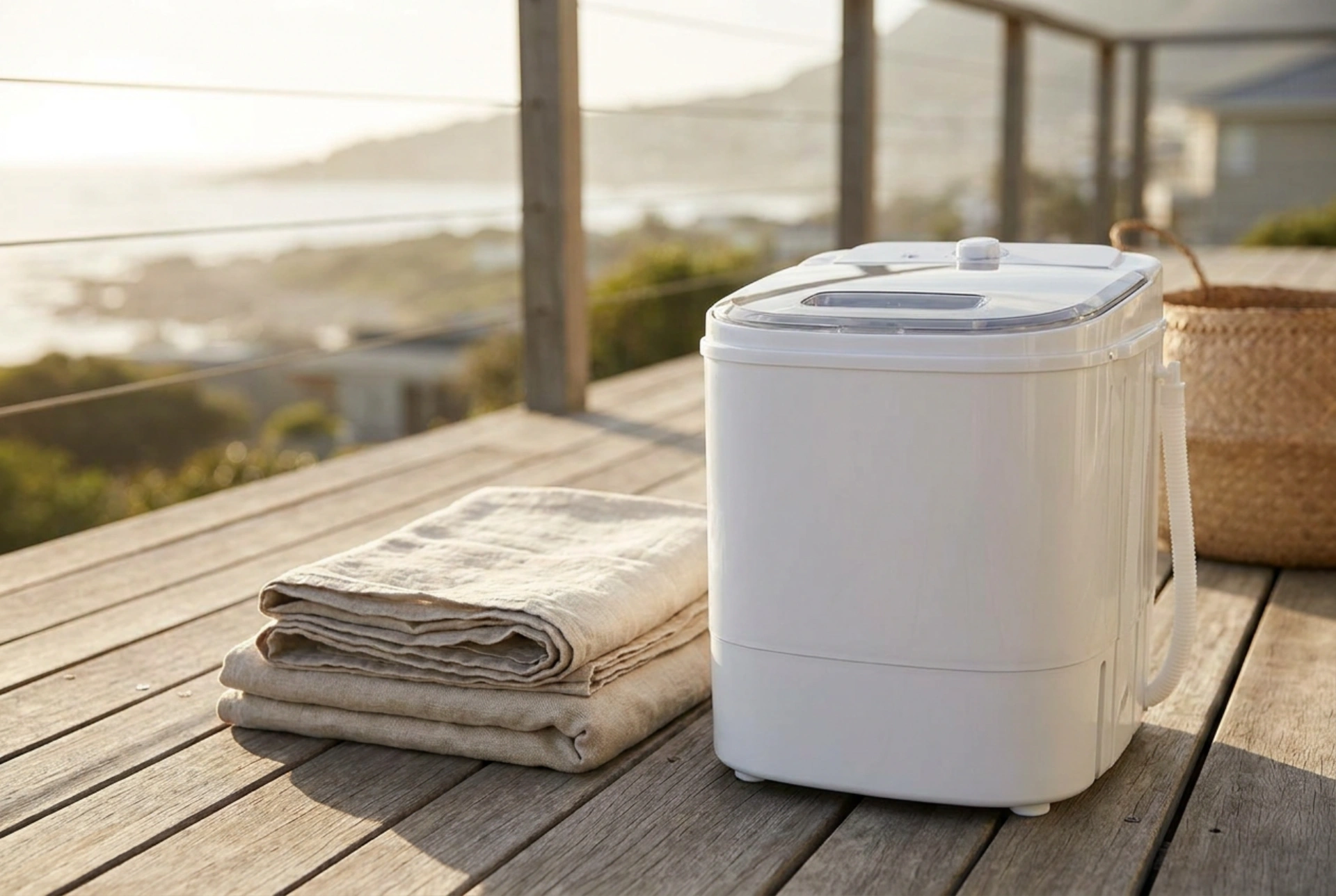 Máquina de lavar portátil com centrifugadora em viagens e casas de campo