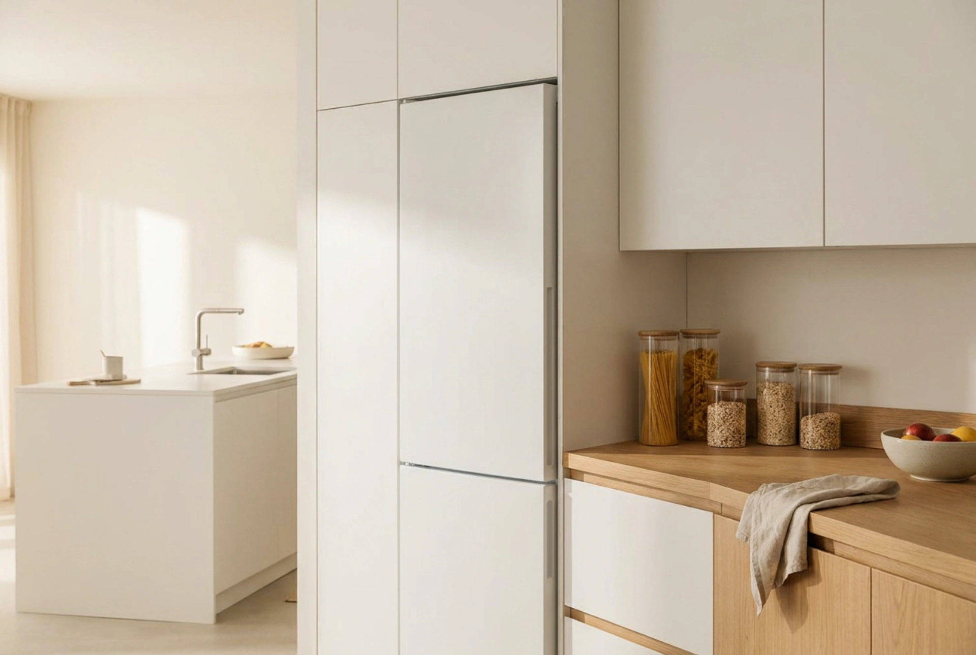 Frigorífico de encastrar estreito e o planeamento inteligente da cozinha