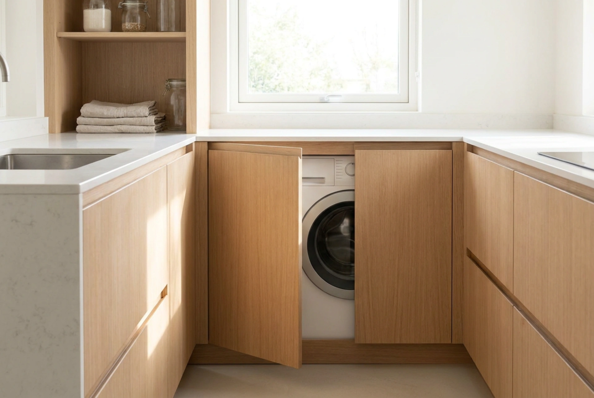 Máquina de lavar roupa embutida na cozinha sem problemas de humidade